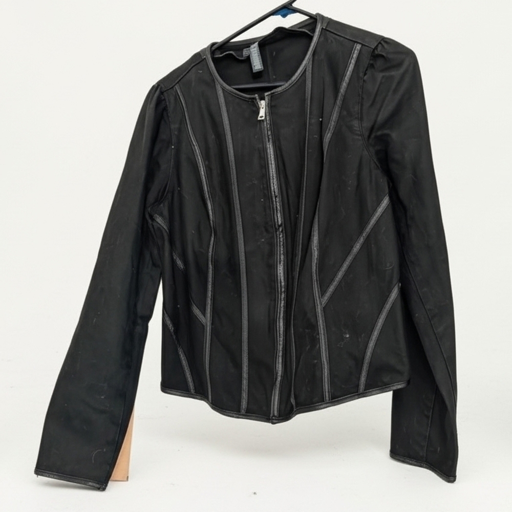 Lauren Jeans Ralph Lauren Black Denim Jacket with Faux Leather Size 16